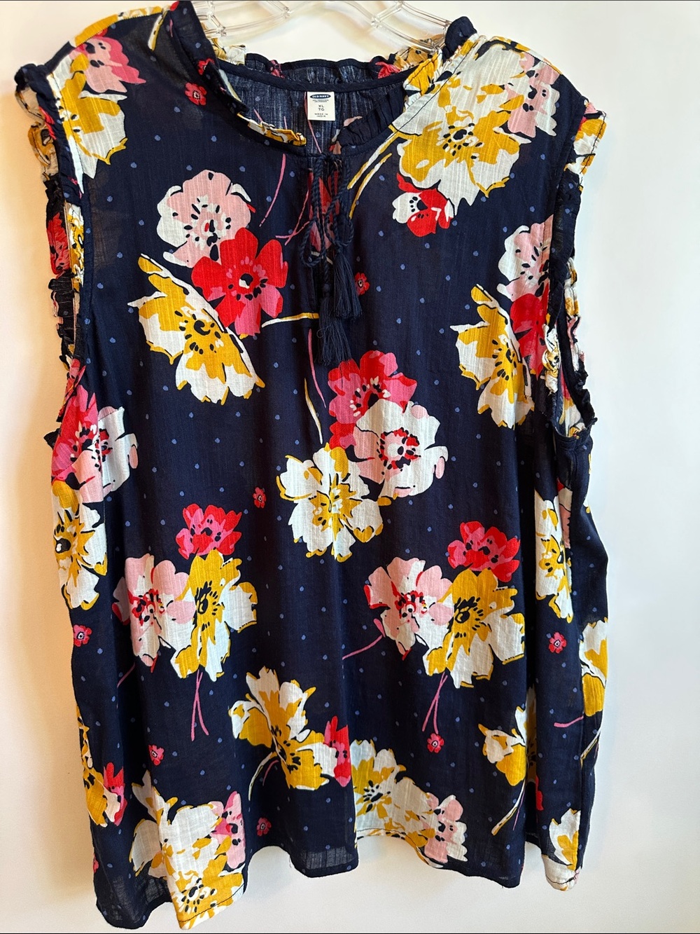 Old Navy Navy Floral Tassel-Front Sleeveless Top